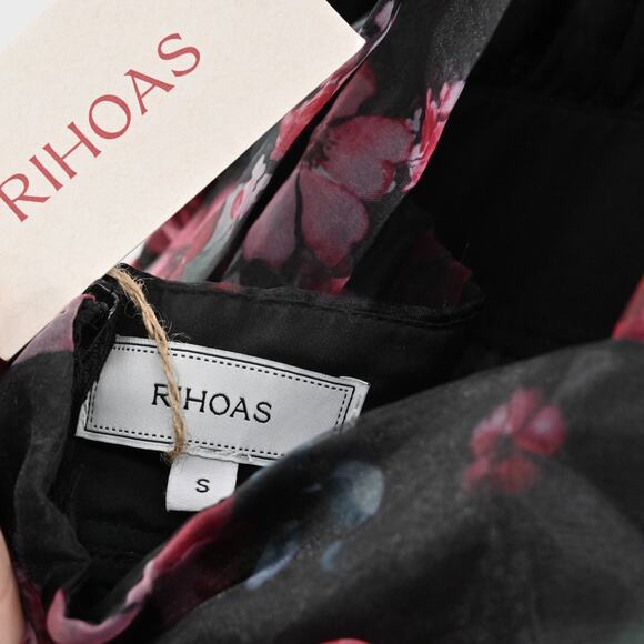 RIHOAS Dress Size S VNeck Floral Print Tiered Layered Halter Midi Black Pink NEW - Picture 9 of 12